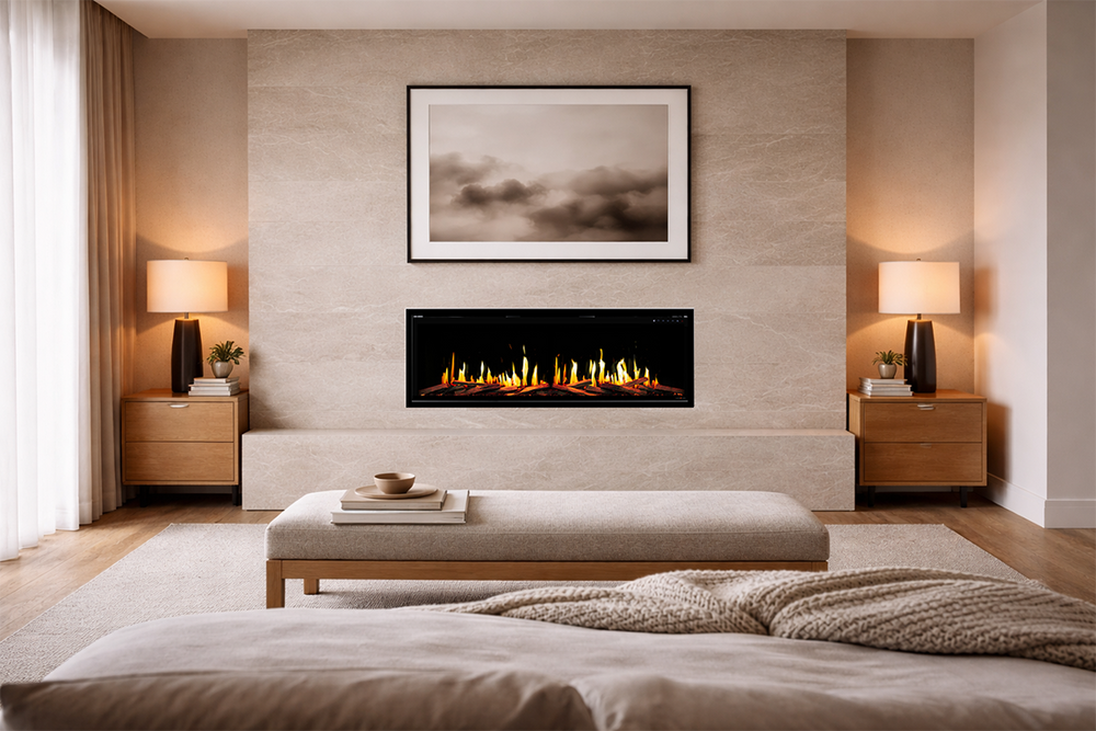 Modern Flames Orion V2 52-Inch Slim Linear Electric Fireplace - installed in a bedroom