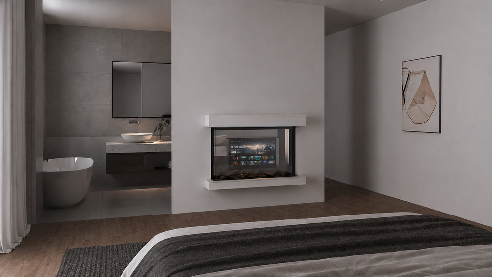 Modern Flames Nova Clear 48-Inch See-Through Built-In Electric Fireplace - between a primary bedroom and bathroom