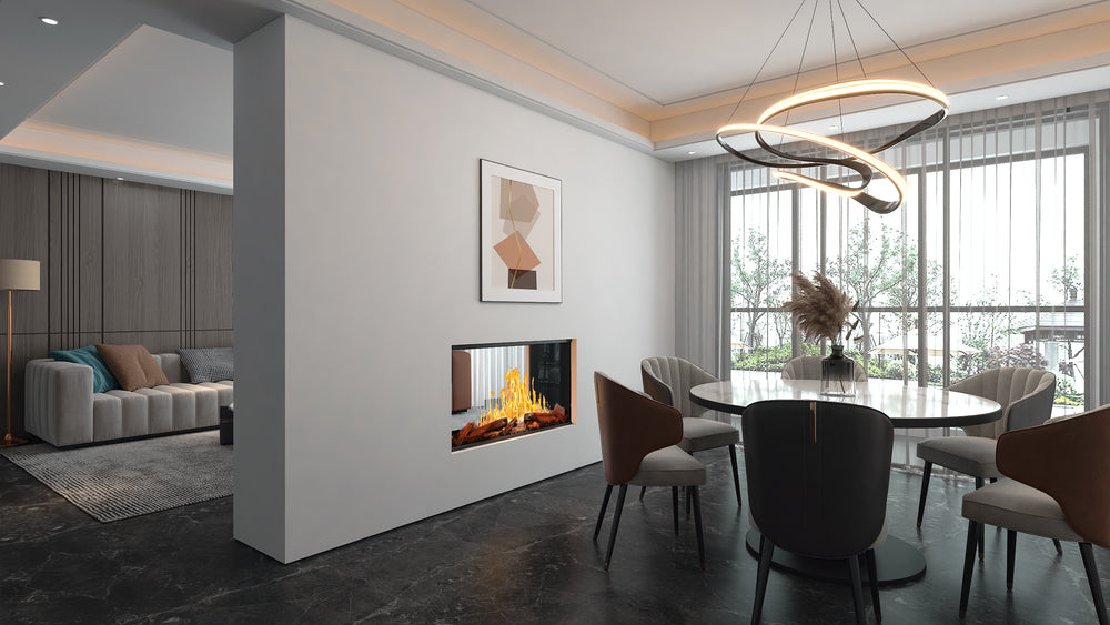 Modern Flames Nova Clear 48-Inch See-Through Built-In Electric Fireplace - dividing a dining room and living room