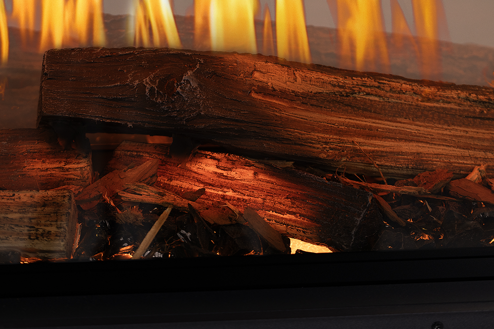 Modern Flames Nova Clear 48-Inch See-Through Built-In Electric Fireplace - TruWood log set close-up