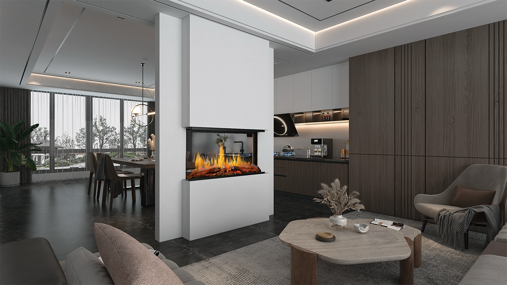 Modern Flames Nova Clear 48-Inch See-Through Built-In Electric Fireplace - see-through between a living room and open kitchen