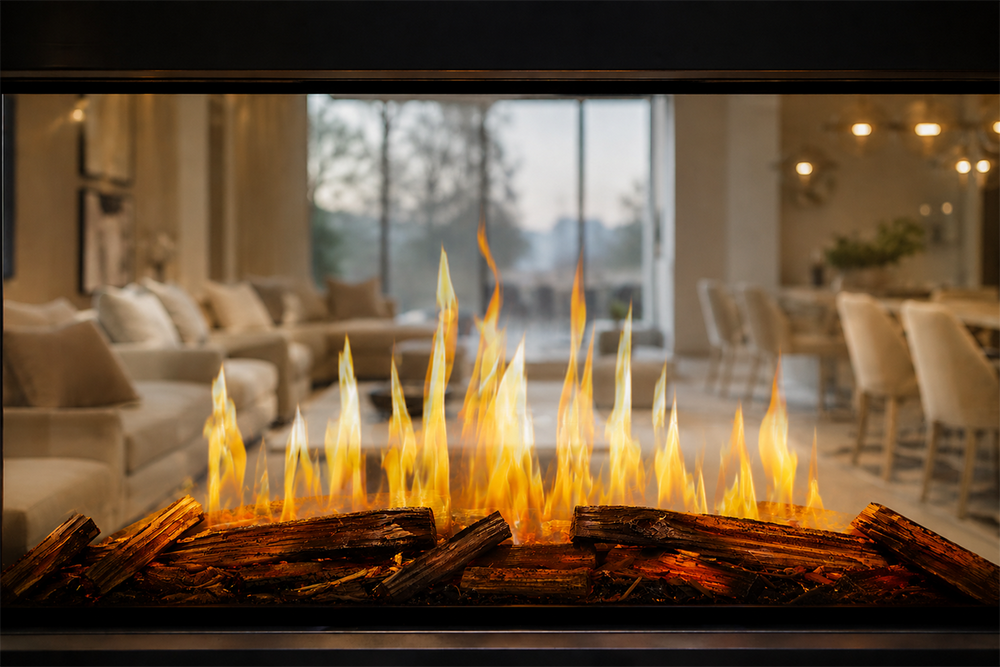 Modern Flames Nova Clear 48-Inch See-Through Built-In Electric Fireplace - transparent flame view through to the next room