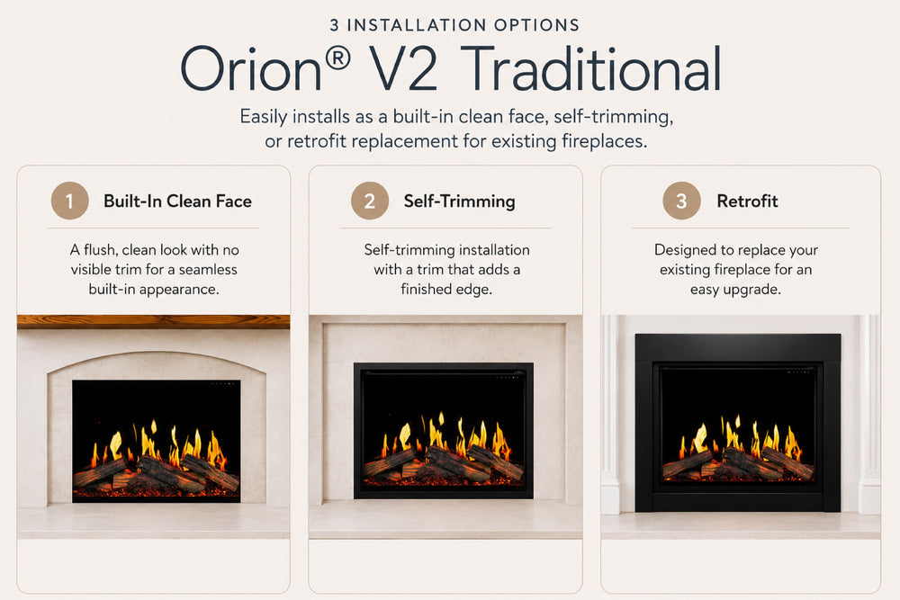 Modern Flames Orion V2 54-Inch Traditional Built-In Electric Fireplace - installation options: built-in clean face, self-trimming and retrofit