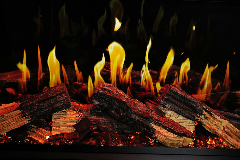Modern Flames Orion V2 60-Inch Slim Linear Electric Fireplace - lit log set close-up